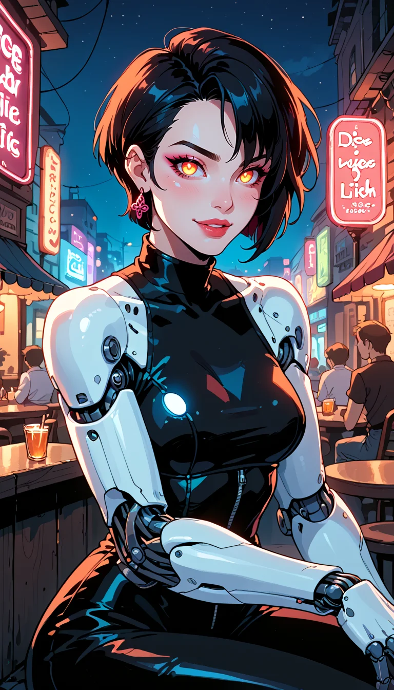 score_9, score_8_up, score_7_up, Western Comics, Portrait, mechanical girl, cute, seductive, innocent, light smile:0.3, plump lips, slender body, punk hair, short hair, (mechanical arms), black body, glowing led parts, ornaments detailed, sitting outside a pub, neon lights, bright colors, street night background, depth of field, dynamic angle, fashion photography, sharp, hyperdetailed:1.15