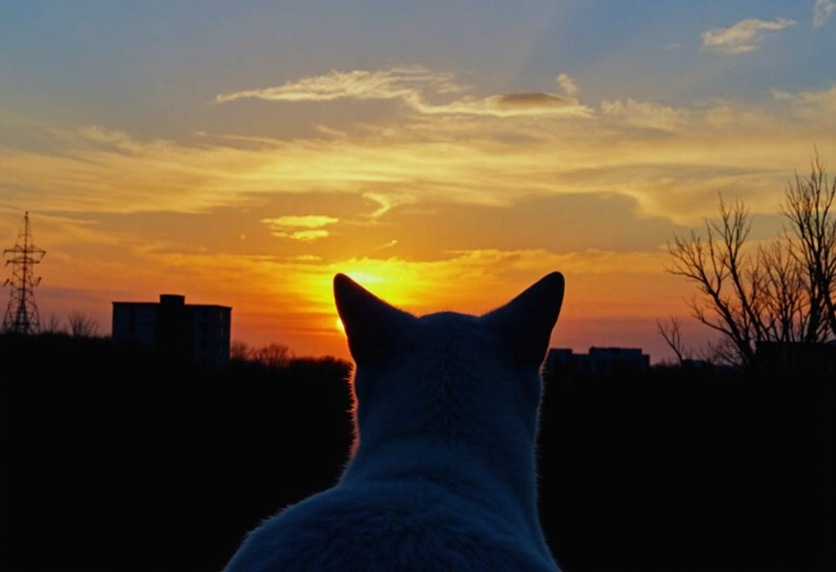 A white cat, viewed from behind, gazes towards a vibrant sunset over a cityscape. Its ears are perked up, silhouette prominently against the glowing sky. The skyline is marked by dark, silhouetted buildings, with faint details of transmission towers and leafless trees. The sky is painted in hues of orange and blue with wispy clouds adding texture. The scene highlights the peaceful juxtaposition of urban structures and nature. The image is composed with a blurred foreground, focused on the distant horizon, amateurish quality, natural lighting., 