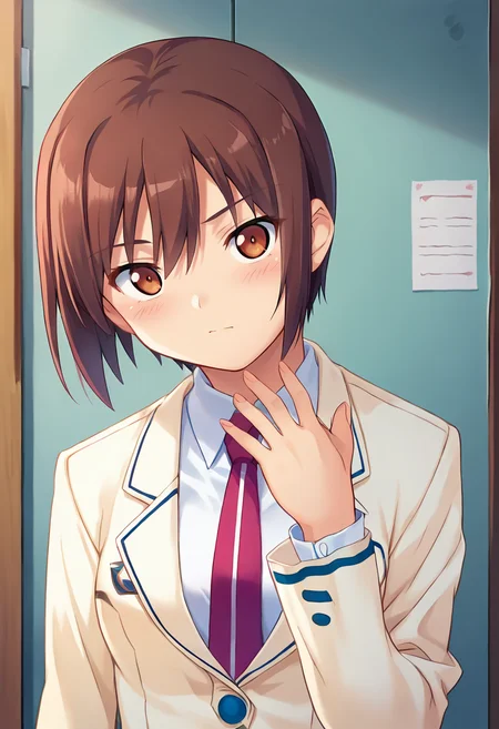 score_9, score_8_up, score_7_up, masterpiece, 1girl, source_anime, 1girl, ct_r1ka, brown eyes, brown hair, short hair, medium breasts, beige blazer, white collared shirt, red necktie, long sleeves, upper body, blush, hand up, looking at viewer, indoors, wooden wall, shiny hair, cowboy shot,  <lora:ManabeRika_Pony_ct-000008:0.8>