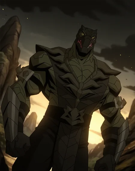 <lora:Reptile_(Mortal_Kombat_Legends_Scorpion's_Revenge)_(Illustrious)_(AD):1.35> Reptile_MK, muscular, Mortal Kombat,
dutch angle, exterior, monumental architecture, wasteland, dark night sky with black clouds, mountains, ancient Asian stone ruins,
male focus, gradient coloring, villain, cowboy shot,
BREAK very awe, aesthetically pleasing, masterpiece, best quality, amazing quality, very aesthetic, perfect depth of field shot, in'ei, source_furry, furry_art,
Smooth Quality, lazympos, IllustQualXL_Pos,