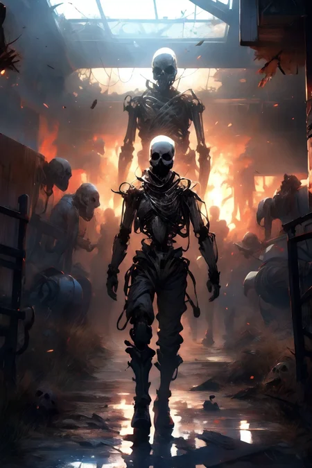 Future robot, human skeleton, Wasteland Style, Cinematic, realistic style, fire, Background explosion,
<lora:add_detail:1>, <lora:20231114-1699945989034:0.8> Dark, <lora:Wasteland:1>