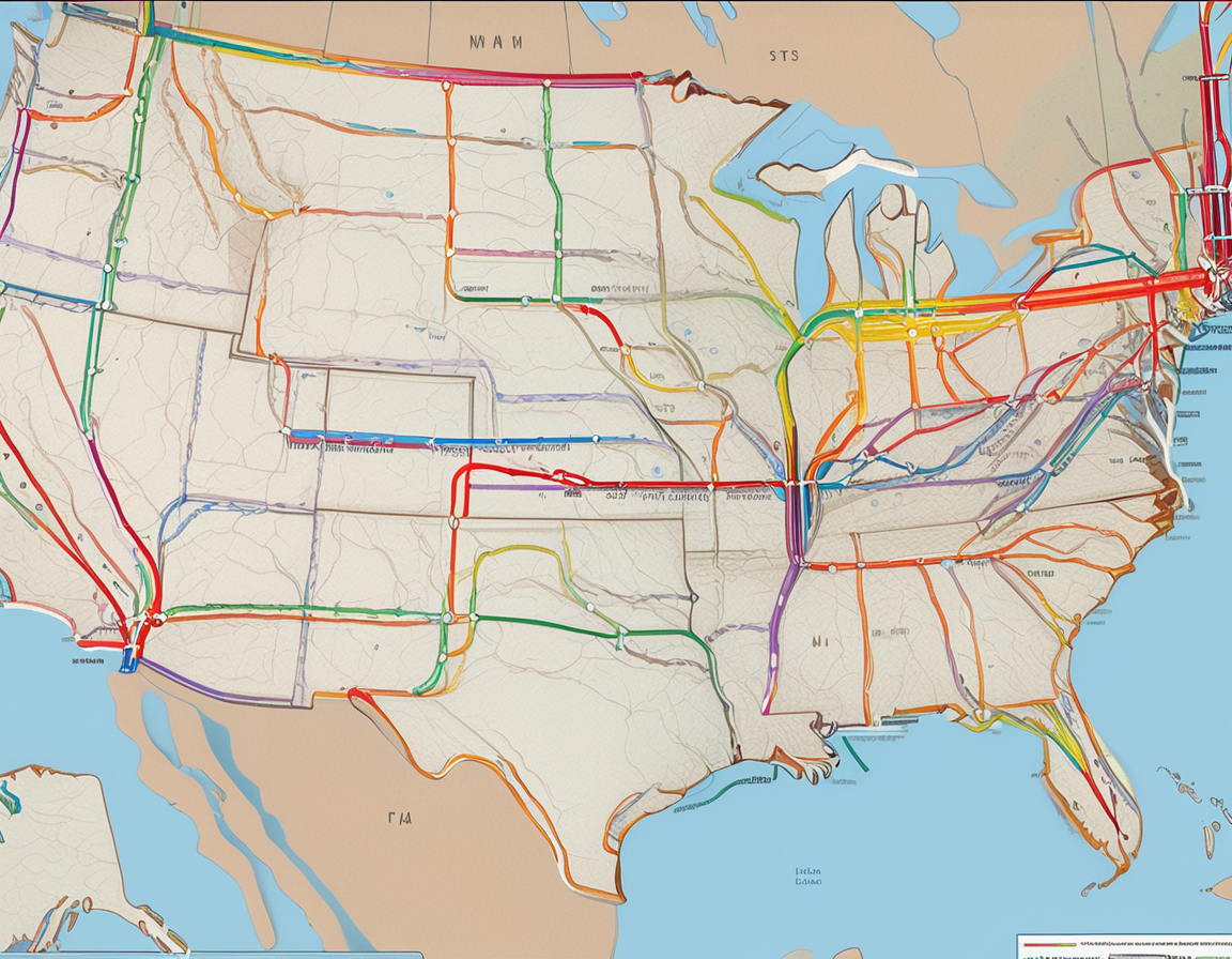 <lora:5ubw4ym4p_SDXL_SGX:1.0>illustration of a 5ubw4ym4p style map of the United States, with detailed representation of the interstate highways and train lines connecting major cities, thick straight lines color-coded, with different colors representing different types of lines and stations, such as red, blue, green, yellow, orange, and purple. simple white background, highly detailed, sharp focus