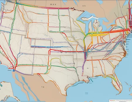 <lora:5ubw4ym4p_SDXL_SGX:1.0>illustration of a 5ubw4ym4p style map of the United States, with detailed representation of the interstate highways and train lines connecting major cities, thick straight lines color-coded, with different colors representing different types of lines and stations, such as red, blue, green, yellow, orange, and purple. simple white background, highly detailed, sharp focus