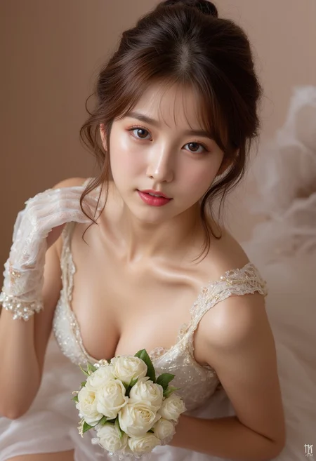 1girl, top view, photo taking from the side by someone, photo shows from head to toe of her,
shiny skin, brown streaked hair, warm toned eyeshadow, perfect lips, random length hair, frequently wavy hair, random hair style, (korean idol:1.3), ((beauty 21 years old)), naturalness, ultra detailed, beauty and healthy, (huge breasts:1.2), (huge hips:1.2), healthy thighs, ((thigh exposed:1.2)), delicate facial features, mixed American Korean actress, sexy Korean female idol-type, cleavage,
I am a driven and empathetic individual who is passionate about making a positive impact on the world. With a keen eye for detail and a creative mind, I excel at problem-solving and coming up with innovative solutions. I am dedicated to continuous learning and growth, always seeking new challenges that allow me to expand my horizons and make a difference. holding bouquet, Peral-Embellished Gloves,
real art, (masterpiece), (best quality), highres, 8k, sexy Korean female idol-type face, natural and detailed beauty doll face, (realistic, photo-realistic:1.4), flim grain, perfect dynamic composition, ultra-detailed realistic photo,