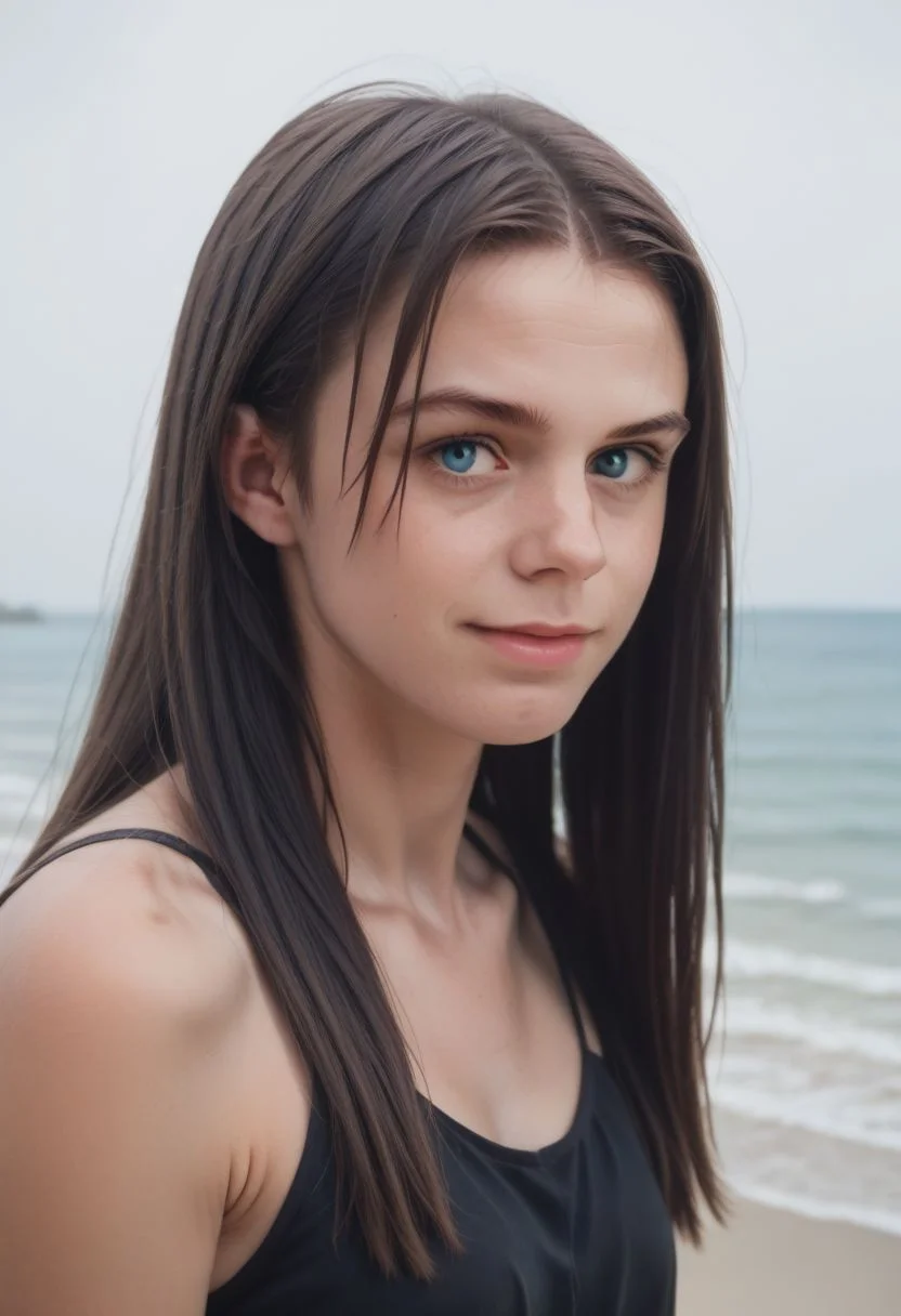 (Score_9,score_8_up, score_7_up:1.6),(source_anime:1.5),(rating_safe:1.5), (Ckukri:1.3),(( in beach)),(1girl,black long hair,blue eyes :1.3),high definition, 35mm,( detalled:1.5), focused, detailed face