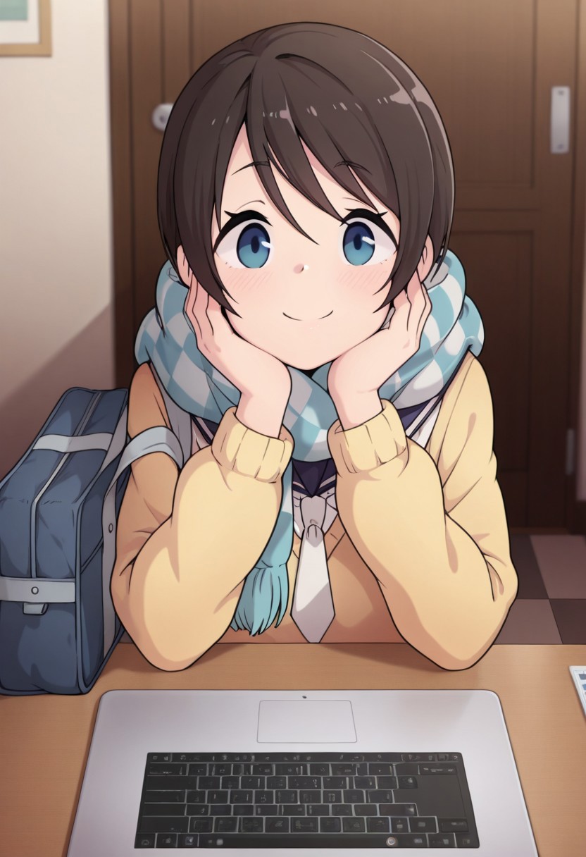 masterpiece,best quality,amazing quality, saito ena, dark brown hair, blue eyes, short hair, motosu school uniform, 1girl, scarf, solo, school uniform, smile, bag, school bag, checkered clothes, looking at viewer, computer, laptop, sailor collar