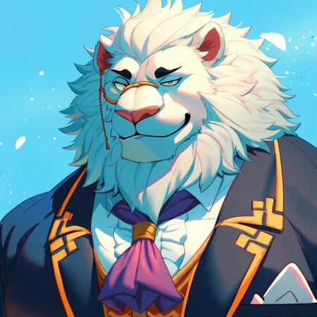 score_9, score_8_up, score_8, furry, Snow (TAS), lion, white fur, cartoon style, 2d, muscular male, huge pecs, suit, ascot, monocle, upper body focus, headshot, solo, looking at viewer, smile, blue background