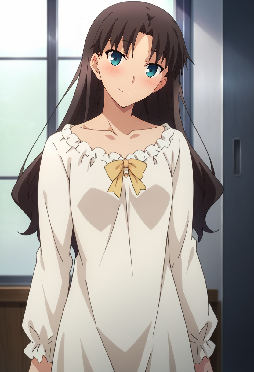 score_4, score_5, score_6, score_9, score_8_up, score_7_up, source_anime,
<lora:FateStayNightUBW_TohsakaRin:0.8>, TohsakaRin,
1girl, light smile, blush,
brown hair, hair down, parted bangs, blue eyes, head tilt,
RinNightgown, nightgown, collarbone, yellow bow, long sleeves,
looking at viewer, standing,
indoors