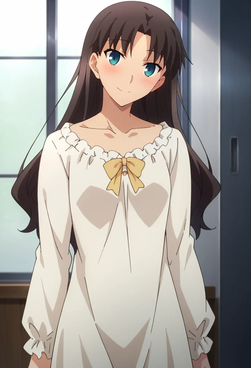 score_4, score_5, score_6, score_9, score_8_up, score_7_up, source_anime,
<lora:FateStayNightUBW_TohsakaRin:0.8>, TohsakaRin,
1girl, light smile, blush,
brown hair, hair down, parted bangs, blue eyes, head tilt,
RinNightgown, nightgown, collarbone, yellow bow, long sleeves,
looking at viewer, standing,
indoors