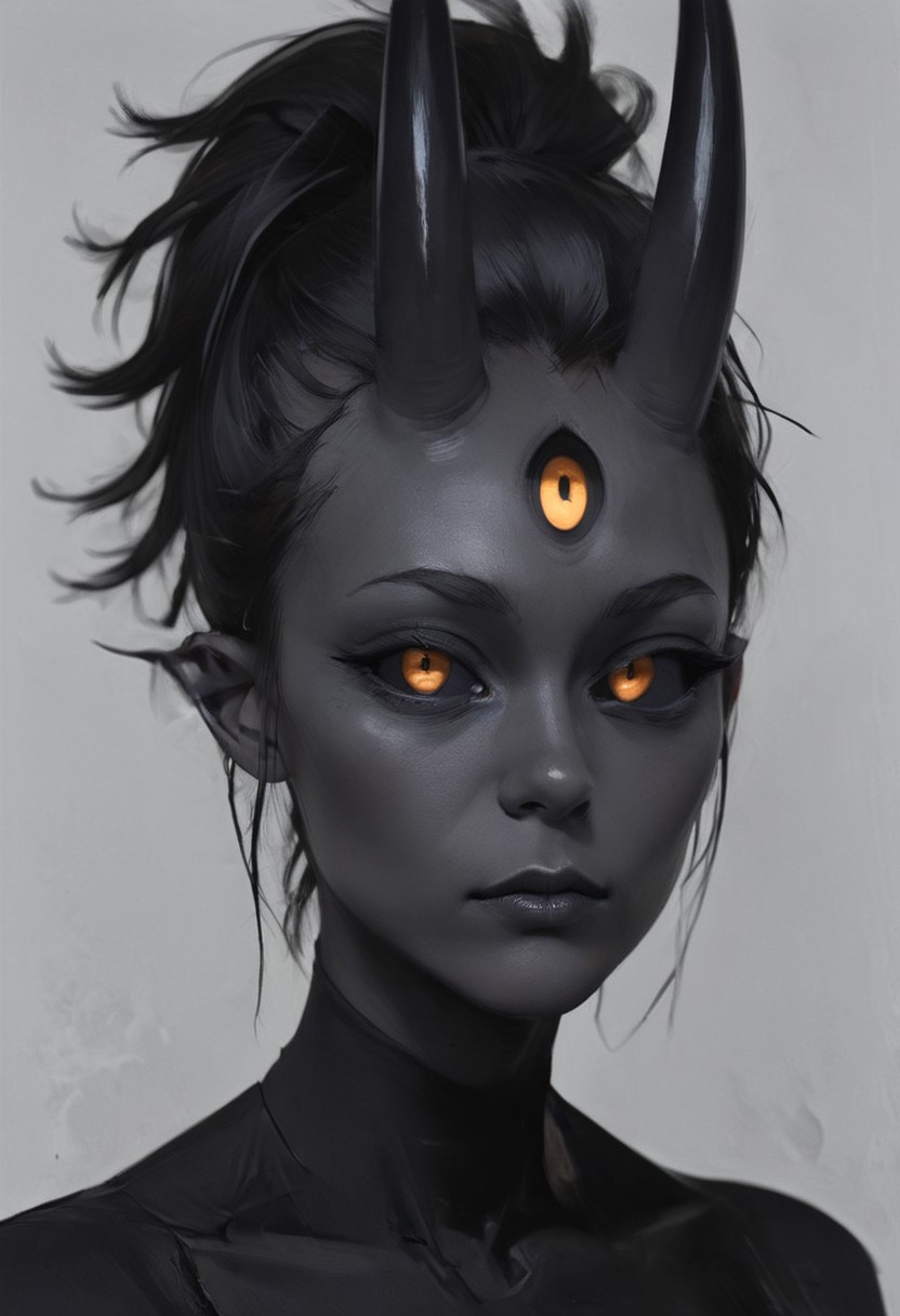 score_9, score_8, score_7, score_6, (masterpiece), best quality, expressive eyes, perfect face, ((te'kharoth, third eye), tail, horns), spiky hair, messy hair, ponytail hair, thick hair, black hair, black sclera), 1girl, gold eyes, wings, BREAK, armor, line under eyes, Oil Painting