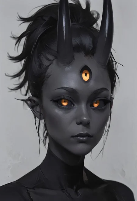 score_9, score_8, score_7, score_6, (masterpiece), best quality, expressive eyes, perfect face, ((te'kharoth, third eye), tail, horns), spiky hair, messy hair, ponytail hair, thick hair, black hair, black sclera), 1girl, gold eyes, wings, BREAK, armor, line under eyes, Oil Painting