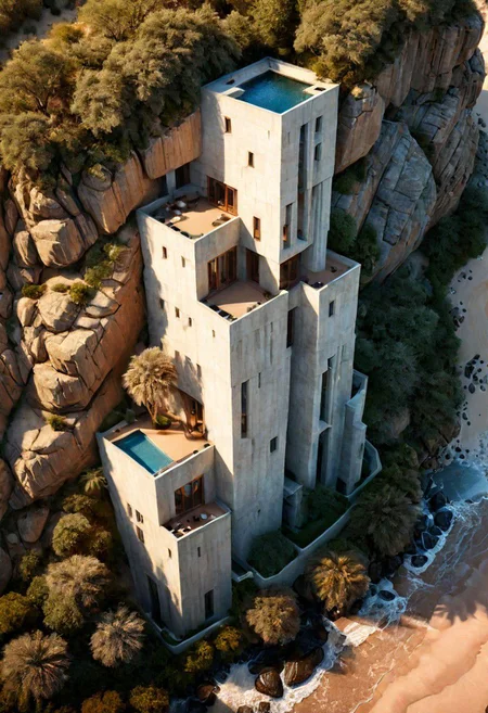 Tower of Babel:1.5, 
 (in a desert oasis, half buried in the sand:1.4),
(architectural brutalism, inspired by David Chipperfield:1.2), 
(on a rocky coast, half embedded in the cliff, small waterfall:1.4),
(Philip Johnson:1.2), (Ludwig Mies van der Rohe:1.2),
aerial view of an incredibly tall, enchanted renaissance tower made of white to grey limestone, surrounded by ominous woods, rock cliffs, dark fantasy, sunset, architecture, masterpiece, high detail, crisp focus, depth-of-field, (intricate details, masterpiece, best quality:1.4),  (avant-garde, future, reality, science fiction, photorealistic), (modern architecture:1.2), (Large Files, Ultra Realistic, 8K, 16k, FHD, HD, VFX, Perfect, Photography, composition, Architecture Sales Photography, Architecture Competition, Ultra High Resolution, Cinematography, High Resolution Image:1.1), (dramatic lighting, direct sunlight, ray tracing, clear shadow:1.1), (magnificent , Abstract Expressionism but extremely beautiful:1.2), [:traffic|windows|railing|stair|balcony|terrace|crowd|Sidewalk|vehicle|trees|equipment| detailed signal_details:0.7], [:marble|granite|lbrick|tile|metal|concrete|glass|foliage_material texture:0.7], (real landscape:1.1), (blurred background:1.0), [buildings|BREAK|trees|BREAK|Crowd|buildings|BREAK|trees|BREAK|Crowd|buildings|BREAK|trees|BREAK|Crowd:0.7], (background, more_details:0.3)
great lighting, extrusionbuilding, clear, hillscastel, vertical