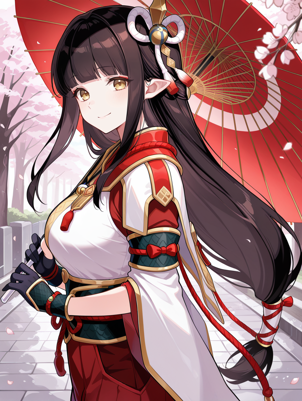 4 finger hands, hinoa, 1girl, solo, smile, looking at viewer, cherry blossoms, holding umbrella, closed mouth, sidelocks, red eyeliner, outdoors, large breasts, white japanese clothes, black partially fingerless gloves, red hakama skirt, side hair ornament, from side, 
masterpiece,best quality,amazing quality,very aesthetic,absurdres,newest,<lora:Minoto and Hinoa illuXL v1.1:0.75>,