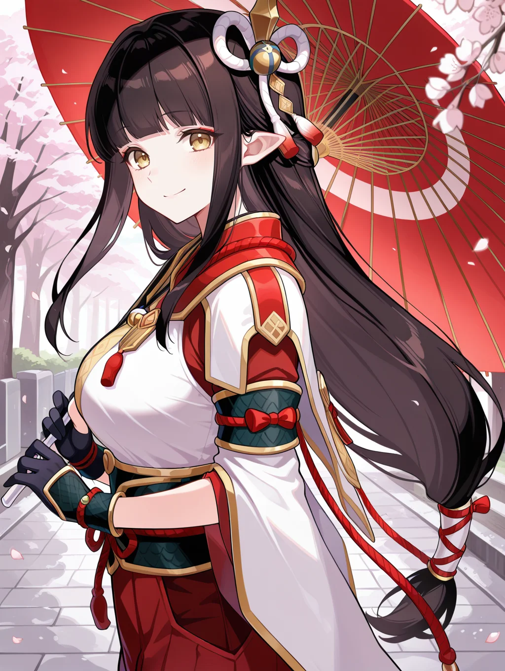 4 finger hands, hinoa, 1girl, solo, smile, looking at viewer, cherry blossoms, holding umbrella, closed mouth, sidelocks, red eyeliner, outdoors, large breasts, white japanese clothes, black partially fingerless gloves, red hakama skirt, side hair ornament, from side, 
masterpiece,best quality,amazing quality,very aesthetic,absurdres,newest,<lora:Minoto and Hinoa illuXL v1.1:0.75>,