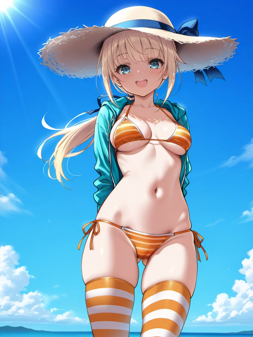 masterpiece, best quality, amazing quality, very aesthetic, high resolution,
ch0c0, 1girl, solo, swimsuit, thighhighs, bikini, striped, hat, open mouth, breasts, navel, long hair, jacket, looking at viewer, sun hat, blonde hair, orange bikini, medium breasts, low ponytail, smile, striped thighhighs, blue eyes, striped bikini, :d, ribbon, ponytail, outdoors, bangs, day, sky, ass visible through thighs, arms behind back, 
<lora:choco_style_v1_illustrious_epoch_7:0.9>,
