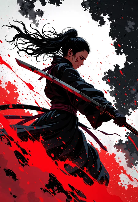 anime style, mythp0rt,LowKeyLights_v2, In the pitch-black night, a beautiful female samurai flies through the air, her movement sharp and graceful as she swings her katana downward with fierce precision. Her stunning face, smeared with streaks of blood, remains focused and cold, embodying both beauty and ruthlessness. The force of her swing sends gusts of wind swirling around her, lifting clouds of white and red sand that swirl chaotically in the air, creating an intense and dramatic backdrop. The night is filled with tension as the stark contrast of the pale sand and the blood-red grains encircling her frame heightens the sense of violence and grace intertwined in this powerful moment of action <lora:FluxMythP0rtr4itStyle:0.5> <lora:Halftone_Flux:0.3> <lora:MJanime_Flux_LoRa_v3_Final:1>