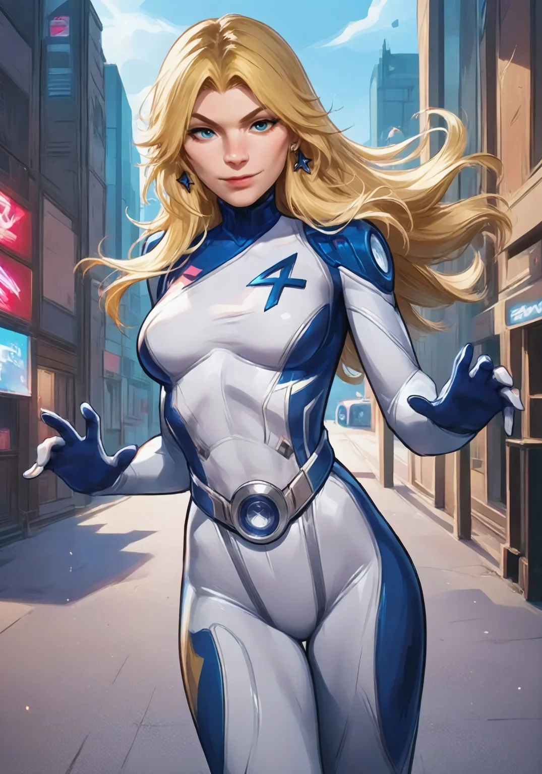Stable_Yogis_Illustrious_Positives, 1gir, solo, inv_woman, blue and white bodysuit, blonde hair, w3stc0m1cs, pin-up, looking at viewer, city in background