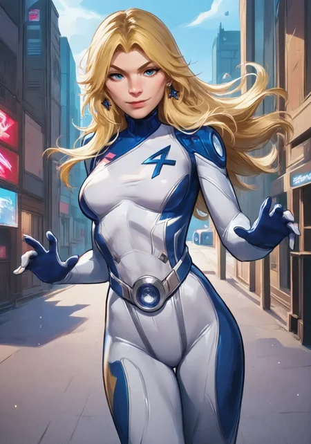 Stable_Yogis_Illustrious_Positives, 1gir, solo, inv_woman, blue and white bodysuit, blonde hair, w3stc0m1cs, pin-up, looking at viewer, city in background