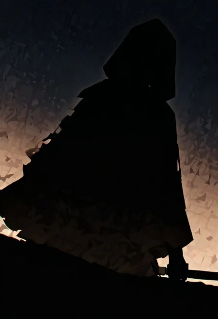masterpiece, best quality, good quality, newest, highres, absurdres, volumetric lighting,gradient color, BREAK raytracing, volumetric lighting, ambient occlusion, boy, luminescent background, masterpiece, best quality, very awa, absurdres, BREAK colored skin, black skin, (black hair, silhouette:1.5), no eyes, faceless, no highlights, hooded figure, black robes, Nazgul. Holding a sword, penitent pose BREAK night, moonlight, dutch angle, dark theme, high contrast