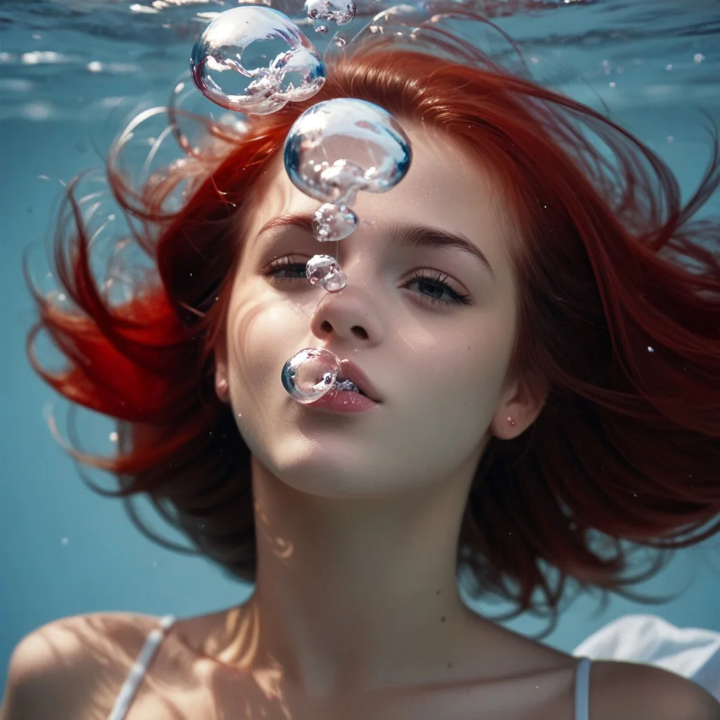 score_9, score_8_up, score_7_up, score_6_up, score_5_up, score_4_up
underwater photo of 1girl blowing air bubbles, red hair floating around her head, air bubbles around face, air bubbles raising