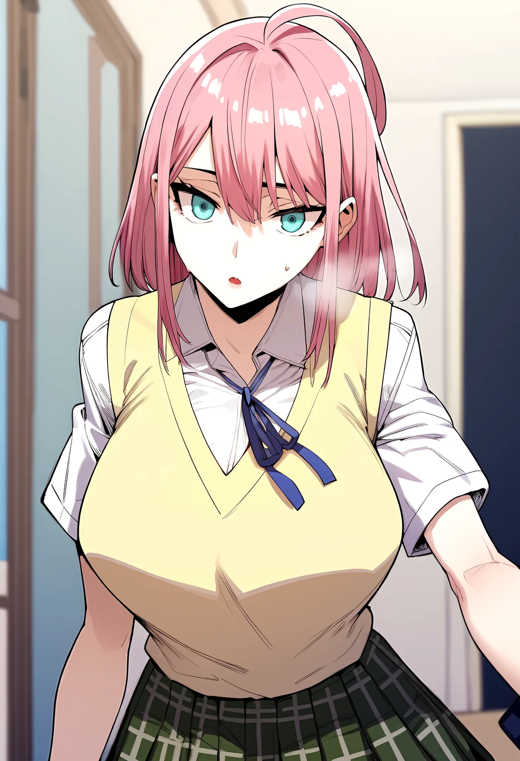 score_9, score_8_up, score_7_up, score_6_up, source_anime, rating_explicit, <lora:neg4all_bdsqlsz_V3.5:2.0>1girl, (solo:1.1), huge breasts, <lora:Cha Si-rinponyxl:1> pink hair, hair between eyes, ahoge, blue eyes, medium hair, aqua eyes, school uniform, yellow sweater vest, blue ribbon, neck ribbon, white shirt, collared shirt, short sleeves, plaid skirt, pleated skirt, surprised, parted lips, Narrow shoulders, heavy breathing, steaming body, school, hallway, indoors, looking at viewer, window
