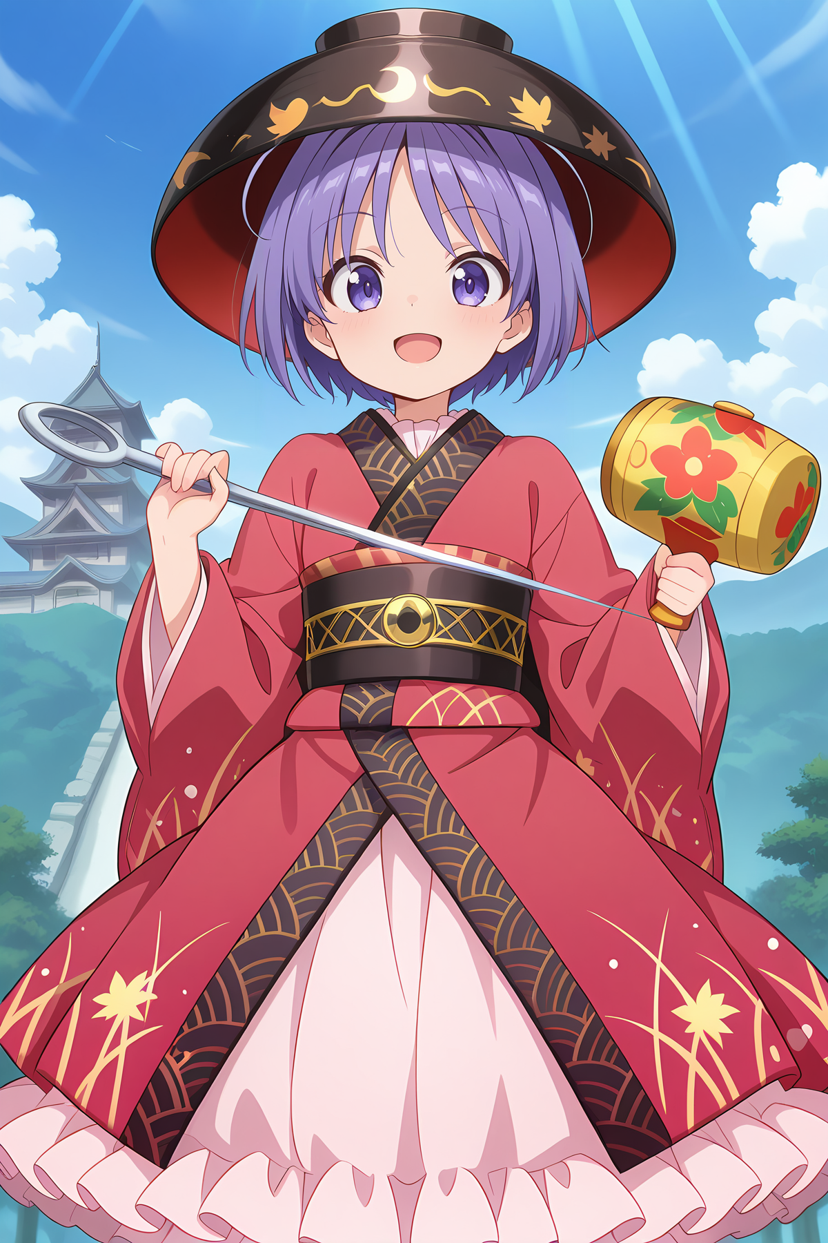 absurdres, highres, masterpiece, best quality, amazing quality, official anime artwork, screencap, anime screencap, outdoors, light smile, looking at viewer, dynamic pose, shining needle castle, 
 <lora:Shinmyoumaru-Sukuna_Illustrious:1> sukuna shinmyoumaru, 1girl, solo, blue eyes, purple eyes, blue hair, purple hair, short hair, antena hair,, bowl hat, japanese clothes, red kimono, frilled kimono, long sleeves, wide sleeves, sash, pink skirt, frilled skirt, minigirl, 
holding, miracle mallet, in a bowl, oversized bowl, open mouth,