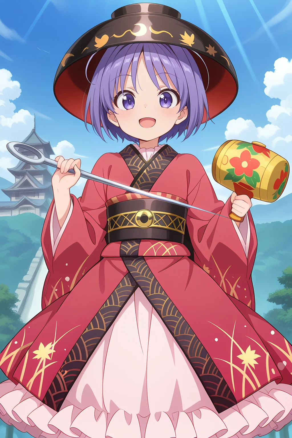 absurdres, highres, masterpiece, best quality, amazing quality, official anime artwork, screencap, anime screencap, outdoors, light smile, looking at viewer, dynamic pose, shining needle castle, 
 <lora:Shinmyoumaru-Sukuna_Illustrious:1> sukuna shinmyoumaru, 1girl, solo, blue eyes, purple eyes, blue hair, purple hair, short hair, antena hair,, bowl hat, japanese clothes, red kimono, frilled kimono, long sleeves, wide sleeves, sash, pink skirt, frilled skirt, minigirl, 
holding, miracle mallet, in a bowl, oversized bowl, open mouth,