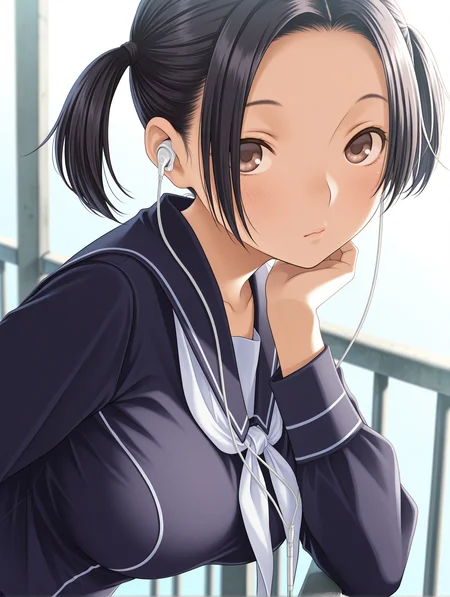 masterpiece,best quality,newest,1girl,solo,
<lora:kobayakawa_rinko_ilxl_v1:1>,k_rinko,black hair,
r_b_clothes,blue serafuku,neckerchief,pleated skirt,
earphones,digital media player,
<lora:Fixhands_anime_bdsqlsz_V1:1>,white_background,simple_background,short twintails,parted bangs,forehead,front view,portrait,big breasts,upper_body,sitting_on_railing,light_blush,sideways_glance,