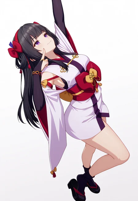 Smooth Quality,masterpiece,very intricate, high quality details, ultra realistic, high detailed skin,detailed enviorement,absurdres,
<lora:Amatsu_Karla_CNR:0.8> amatsu_cnr, 1girl,black hair, long hair, purple eyes, blunt bangs, sidelocks,hair bow, hairband,white kimono, short kimono, japanese clothes, long sleeves, wide sleeves, detached sleeves, obi, sash, bridal gauntlets,black socks, tabi,zouri, okobo,, simple background, white background, sideways,
stretching, arms up, tiptoe, arched back, elegant, ,fingersmile,