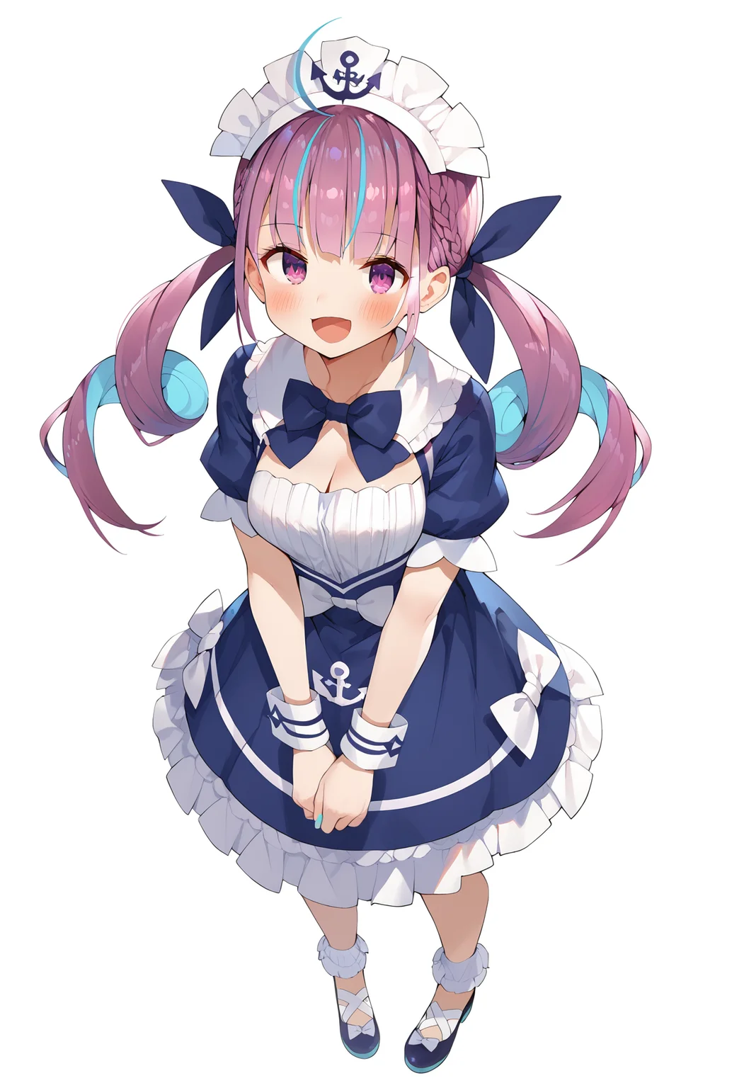 score_9, score_8_up, score_7_up BREAK
source_anime, rating_safe, gaoustyle, simple background, standing, looking up, looking at viewer, blush, smile, open mouth, solo, 1girl, holoaqua, virtual youtuber, multicolored hair, colored inner hair, ribbon, purple hair, blue hair, blue dress, anchor symbol, maid headdress, long hair, purple eyes, ahoge, braid, drill hair, twintails, hair ribbon, ribbon, bow, short sleeves, bowtie, wrist cuffs, cleavage, frilled dress, ankle frills, shoes, fingernails <lora:gaou_style_pxl_v3:0.9>