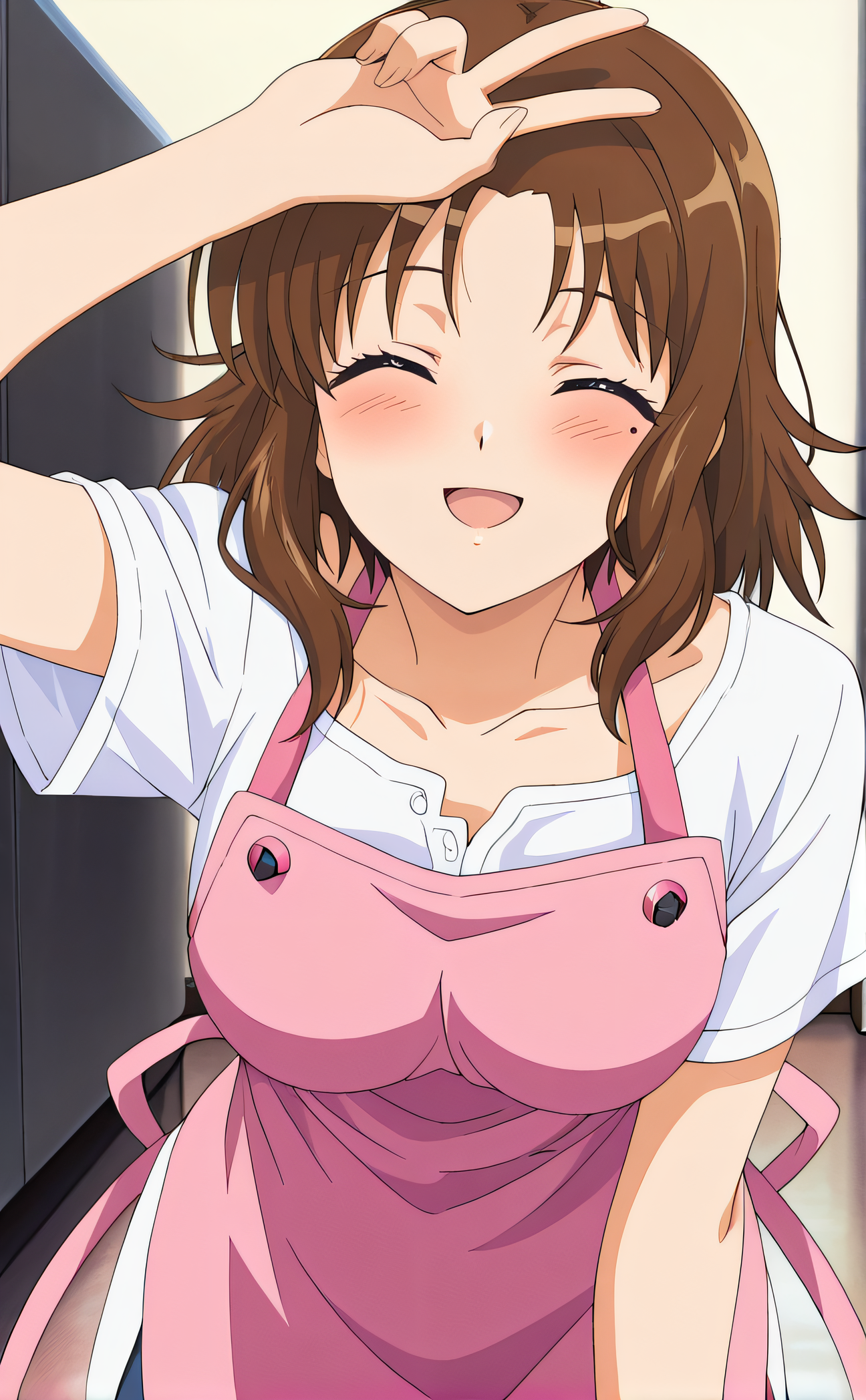 masterpiece, best quality, highres, newest, 1girl, solo, official style, anime screencap, <lora:IL_Kashima_Aoi:1>, aoi, brown hair, closed eyes, mole under eye, collarbone, white shirt, pink apron, looking at viewer, smile, indoor, cowboy shot, peace sign, hand over head, open mouth, blush