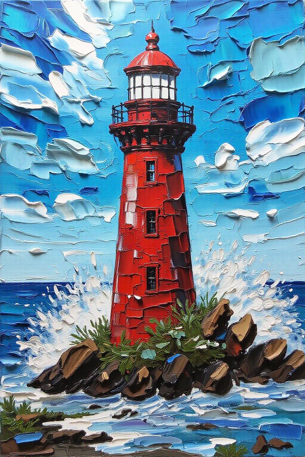 impasto oil painting of a red lighthouse on a small island in the middle of a body of water. The lighthouse is painted in shades of red, with a black railing around the top of the lighthouse and a white light at the top. The light is surrounded by a blue sky that is filled with white clouds. The water is splashing around the lighthouse, creating a splashing effect on the surface of the water.    <lora:impasto5_nocap_d6a3:1.0> <lora:Flux-Sch-SingleBlocks-BF16:1.0><lora:803880318881779724:0>