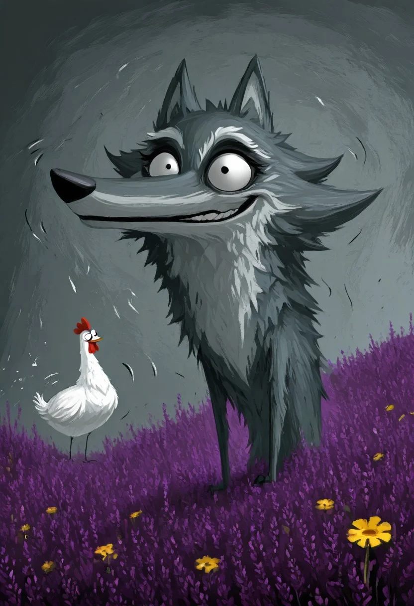 lanky grey wolf, wild crazed eyes, impossibly stretched grin, spiky ruffled fur, carrying shocked white chicken in gangly front paws, chicken with enormous bulging eyes and beak frozen in silent scream, feathers floating in air, wolf running through purple lavender field, yellow daisies bending from movement, twisted trees in background, moonlit misty night, digital painting with expressive brushstrokes showing textured fur and feathers, stormy teal background, motion lines, characteristic Tim Burton inspired design with both animals having disproportionately large expressive eyes, dark whimsical art style