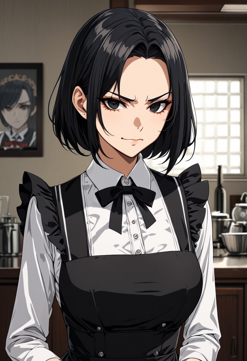 (anime, masterpiece, intricate:1.3), (best quality, hires textures, high detail:1.2), (4k),(incredibly detailed:1.4), perfect anatomy, graceful face, slim, big breasts, constricted waist, nice body, lips, arrogant look, villain, 1woman, evilish smile, high pointed nose, (nostrils:1.3), neatly, angry, 25 y/o
black eyes, bob hair, black hair, evil look,
black maid dress, nsfw