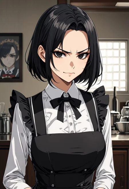 (anime, masterpiece, intricate:1.3), (best quality, hires textures, high detail:1.2), (4k),(incredibly detailed:1.4), perfect anatomy, graceful face, slim, big breasts, constricted waist, nice body, lips, arrogant look, villain, 1woman, evilish smile, high pointed nose, (nostrils:1.3), neatly, angry, 25 y/o
black eyes, bob hair, black hair, evil look,
black maid dress, nsfw