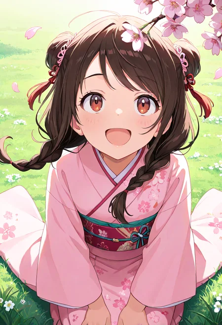 masterpiece, best quality, absurdres, very aesthetic, general,
1girl, brown hair, solo, japanese clothes, open mouth, smile, twin braids, blush, kimono, floral print, grass, long hair, :d, looking at viewer, brown eyes, red eyes, petals, pink kimono, outdoors, eyebrows visible through hair, happy, portrait, print kimono, day, eyelashes, shiny hair, shiny, cherry blossoms, pink flower, wind, looking up, from above, floating hair, cherry blossom print, low twintails, swept bangs, on grass, light blush, sidelocks, double bun, sitting, seiza,