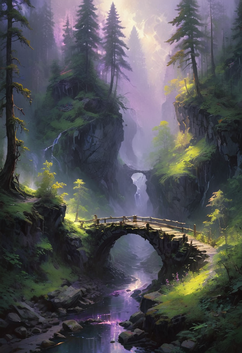 A rickety bridge stretches precariously across a deep chasm, connecting two rugged sides of a dense forest nestled within rocky mountains. The forest is thick with towering trees, their leaves a lush green canopy that barely lets any light through. The sky above is a muted blend of grays and purples, casting a somber glow over the landscape. Smoke rises gently from an unseen source, mingling with the thick mist that clings to the ground, creating an eerie and mysterious atmosphere. The overall setting is dark and foreboding, yet strangely beautiful, as the interplay of light and shadow brings the forest to life. [romantic impressionism,dream scenery art,beautiful oil matte painting,romantic,style of thomas kinkade,beautiful digital painting,anime landscape,romantic painting,dreamlike digital painting,colorful painting,beautiful gorgeous digital art,style of greg rutkowski,janek sedlar,jenny saville:0] <lora:vivid_everclear:0.6> <lora:Sinozick:0.65> <lora:WildcardX-XL-Detail-Enhancer:0.8>
