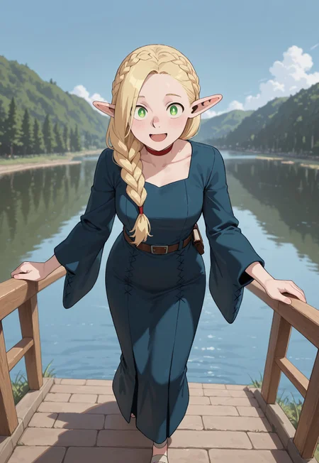 masterpiece, best quality, amazing quality, very aesthetic, absurdres, Dunmeshi_Marcille, 1girl, solo, female focus, pointy ears, blonde hair, green eyes, HairSingleBraid, crown braid, official alternate hairstyle, hair over shoulder, red choker, blue dress, furisode sleeves, brown belt, :D, walking, outside, blue sky, dynamic pose, perspective, lake, walking, looking at viewer