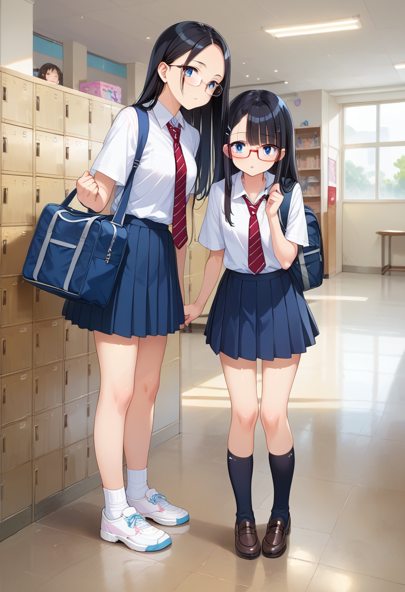 score_9, score_8_up, score_7_up, rating_safe, masterpiece, best quality, absurdres, unity 8k wallpaper, official art, official style, source_anime, uncensored, game cg, megami magazine,
multiple girls, glasses, black hair, long hair, blue eyes, collared shirt, red necktie, pleated skirt, blue skirt, socks, shoes, school bag,
getabako, locker, indoors, school, 
 <lora:gakkou_getabako_PONY_V1:1>