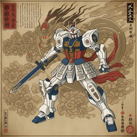 he illustration depicts a robot resembling a Gundam, yet it is profoundly influenced by traditional Japanese aesthetics, specifically the Ukiyo-e art style. The robot is adorned with intricate patterns, embellishments, and trinkets reminiscent of samurai armor. The overall colors and detailing are very refined. The aged and textured backdrop mimics old parchment or scrolls, amplifying the Ukiyo-e ambiance. This fusion of classical and futuristic elements showcases a harmonious blend of the past with the future. <lora:ukiyoe:0.75>