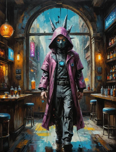 Oil painting of a oil painting of a futuristic wizard, walking, cyberpunk bar, large window background, hyper realistic, super detailed, Science Fiction, tb, <lora:ThickBrush:0.5> <lora:drkkaw_epoch_10:0.5>