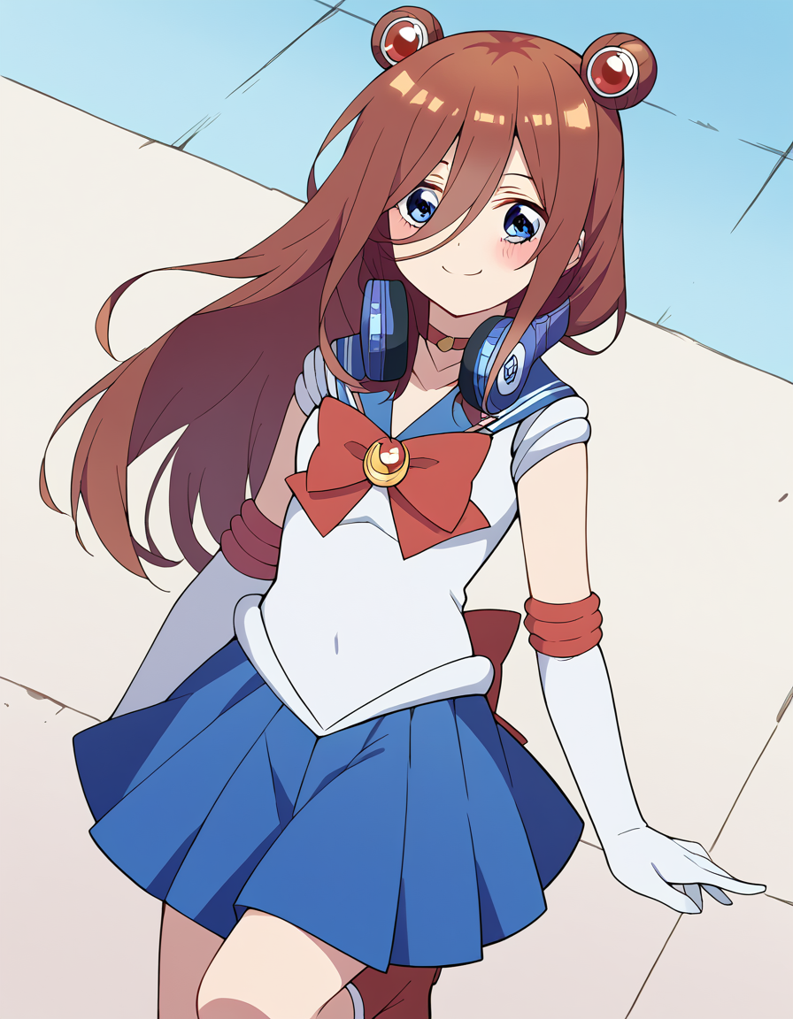 score_9, score_8_up, score_7_up, source_anime, mikunakano, <lora:miku-nakano-s2-ponyxl-lora-nochekaiser:1>, miku nakano, long hair, bangs, blue eyes, brown hair, hair between eyes, headphones, headphones around neck,, <lora:sailor-moon-cosplay-ponyxl-lora-nochekaiser:1>, sailormooncosplay, sailor moon \(cosplay\), back bow, blue sailor collar, blue skirt, boots, bow, brooch, choker, crescent moon, elbow gloves, gloves, jewelry, knee boots, magical girl, pleated skirt, red bow, red choker, ribbon, sailor collar, sailor senshi uniform, skirt, white gloves,,, outdoors, streets, smile, blush,, cowboy shot, dutch angle, solo,