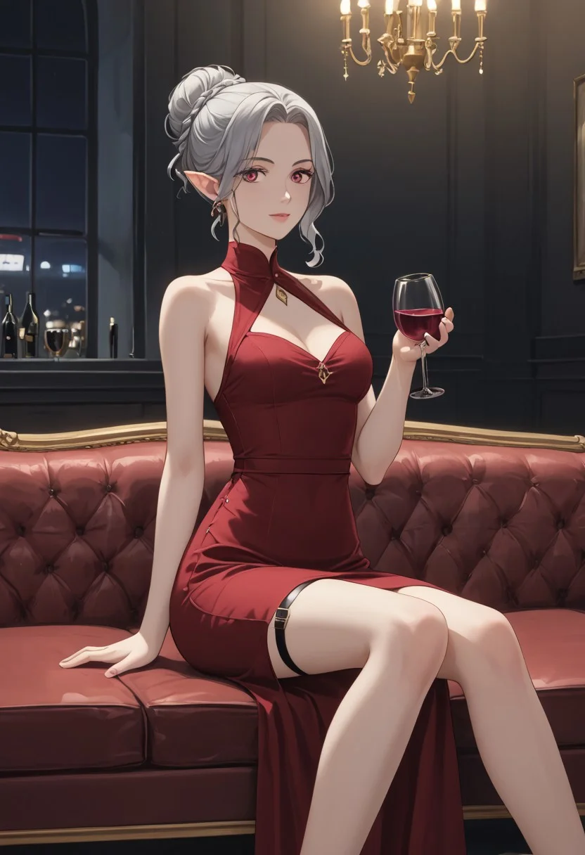 masterpiece, ink
rich colors, fracrured frame, filter\collage
woman, short bo dark elf [pixie] hair, bun hair [stand]
backdrop evening dress with straps
woman sitting on a couch, holding wine glass in one hand, turned sideways\relaxed
background - bar, dark room, dimmed 
subsurface scattering + neon lights
warm light, muted whites, high contrast, glossy shine, rich details, lavish despair, red