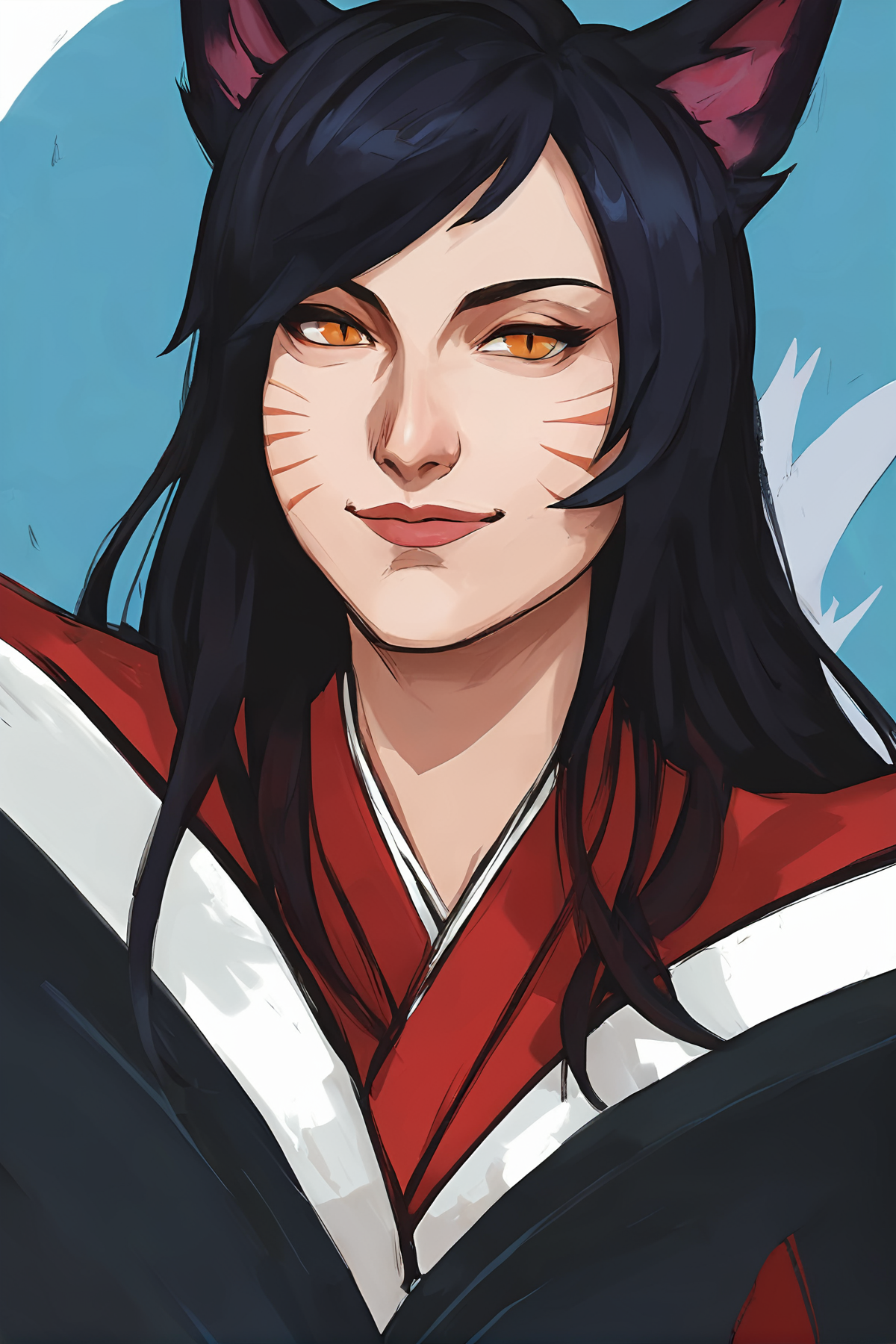 score_9, 
<lora:disco_elysium_v1_autism_pruned:1>, de_portrait, oil painting, 
ahri \(league of legends\), light smile, black hair, fox ears, red kimono, blue background, white background, 1girl, 
high resolution, Masterpiece