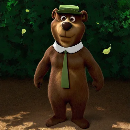 masterpiece, very detailed, very aesthetic, best quality, 8k, newest, Solo male, Yogi Bear, furry, detached collar, necktie, hat, full body, falling leaves, standing, off-center, not centered, dappled shadows, light rays, closed mouth, looking up,