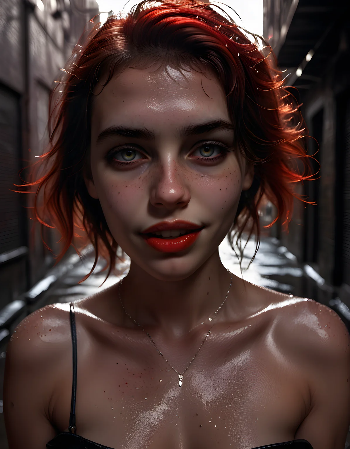 M4R150L, In a gritty, urban noir setting, a woman with striking brown eyes and a sprinkling of freckles across her nose and cheeks is the central focus of the image. She's posed confidently with a sultry gaze, her full, bright red lips slightly parted in a mysterious smile. The camera captures her from an angled perspective, focusing on her collarbone adorned with intricate, glittering jewelry as it meets the soft curves of her upper chest. The image is bathed in low-key lighting, casting deep shadows that accentuate her delicate features and add a sense of mystery to the scene. The background is blurred, revealing only a fragmented view of a rain-slicked alleyway, adding to the enigmatic atmosphere surrounding this captivating subject.