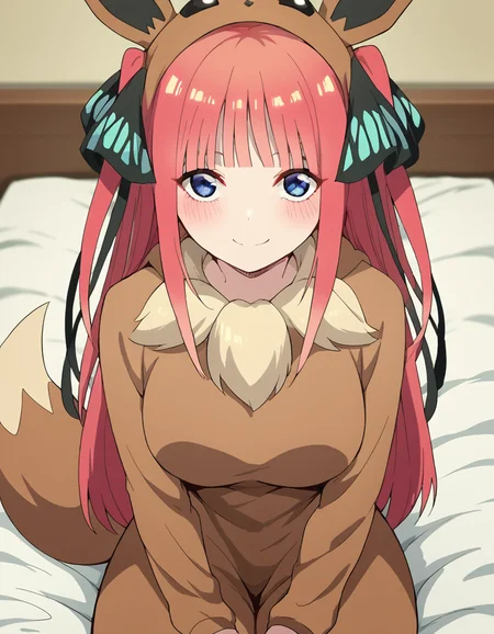 score_9, score_8_up, score_7_up, source_anime, <lora:nnakano-s2-ponyxl-lora-nochekaiser:1>, long hair, bangs, blue eyes, hair ornament, hair ribbon, pink hair, blunt bangs, two side up, butterfly hair ornament, large breasts,, <lora:eevee-cosplay-ponyxl-lora-nochekaiser:1>, eevee cosplay, eevee (cosplay), cosplay, hood, hood up, long sleeves, kigurumi, animal ears, pokemon tail, tail,, bed, on bed, sitting, smile, blush,, cowboy shot, looking at viewer,