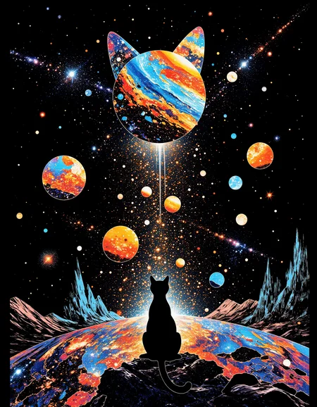 aidmamj6.1, vibrant reflective holographic drawing in the style of ckhg  ff-collage art of  silhouette of a cat in lagrange points between planets of stardust, sparkling light particles
particles cascading down from the cat
black background
Fantastic and mysterious illustration like a world in a dream
<lora:flux_dev_ff_collage_artstyle:0.6><lora:aidmaMJ6.1_v0.5_3:0.4>  <lora:ck-holographic-glitter-000015:0.5>