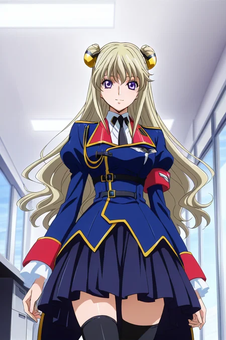 <lora:leila_malcal_CGA_illus:1>leila malcal, military uniform, hair accessories, 1girl, solo, long hair, blue eyes, pleated skirt, blonde hair, very long hair, purple eyes, necktie, office, hair bun, double bun, cheerful, smile, cowboy shot, standing looking at viewer, <lora:Add_more_details_pony:0.8> black stocking, zettai ryouiki, from below, proportional body,
