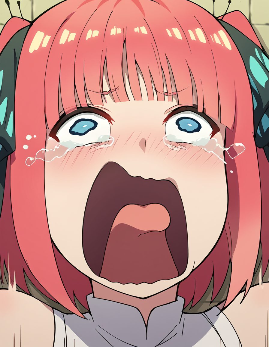 score_9, score_8_up, score_7_up, source_anime, <lora:nnakano-s2-ponyxl-lora-nochekaiser:1>, short hair, bangs, blue eyes, hair ornament, hair ribbon, pink hair, blunt bangs, two side up, butterfly hair ornament, large breasts,, <lora:crying-aqua-ponyxl-lora-nochekaiser:1> crying aqua, crying aqua (meme), screaming, crying, crying with eyes open, tears, tongue, open mouth,, ,